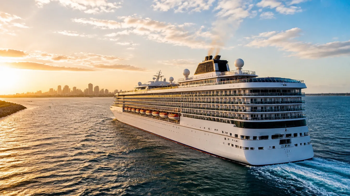 A large cruise ship departing a South Florida port at sunset