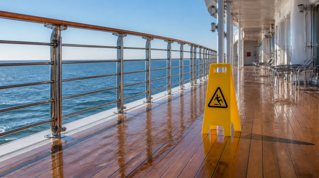 A wet cruise ship deck with a yellow caution wet-floor sign beside the railing