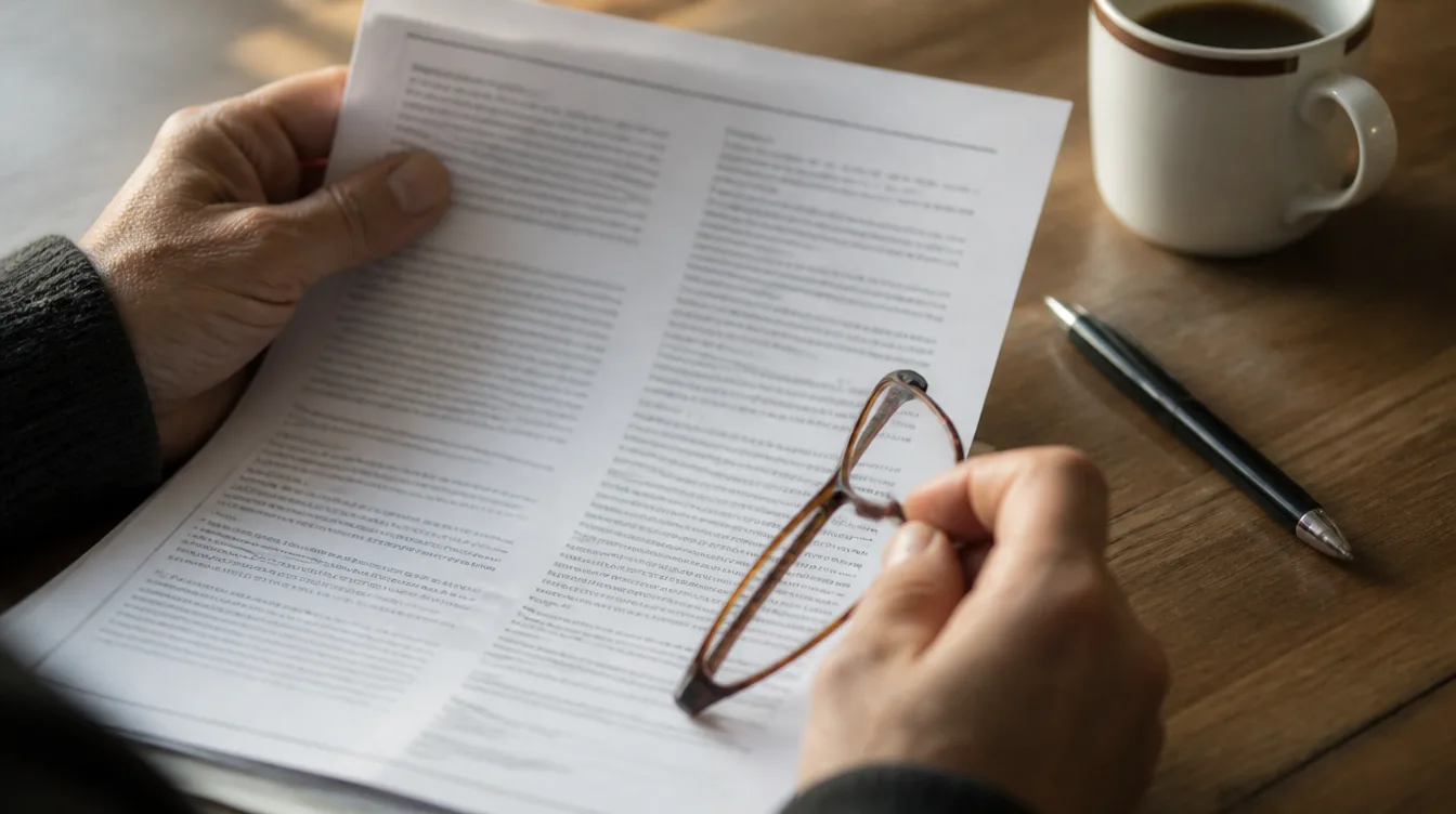 A cruise passenger reviewing the dense fine print of a passenger ticket contract