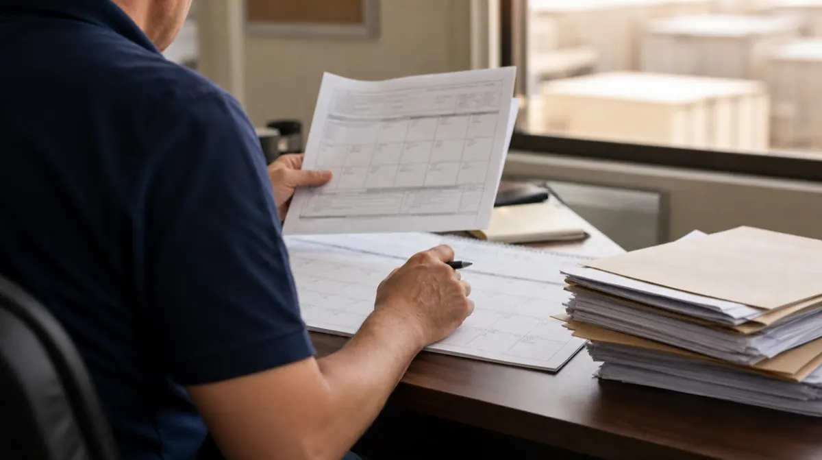 Civilian overseas contractor at a desk reviewing a wall calendar and Defense Base Act claim paperwork in soft daylight