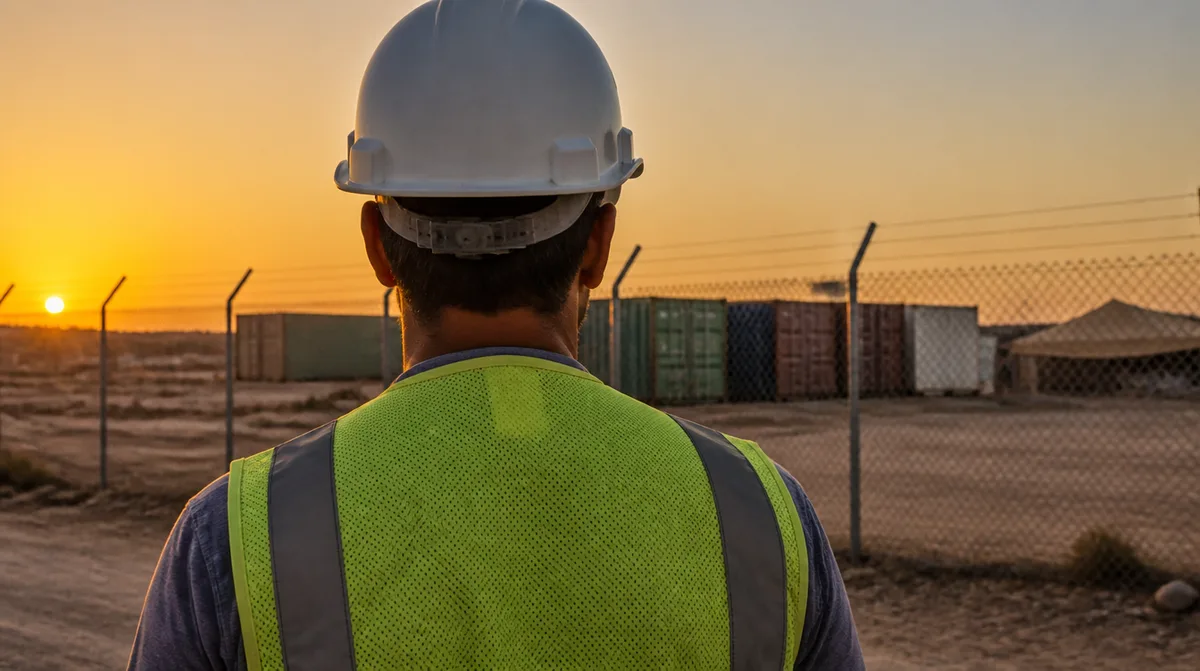 Civilian contractor in a hard hat and high-visibility vest seen from behind at an overseas work site at dusk