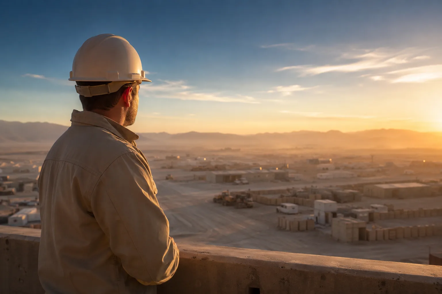Civilian U.S. government contractor in a hard hat looking out over an overseas worksite at dawn