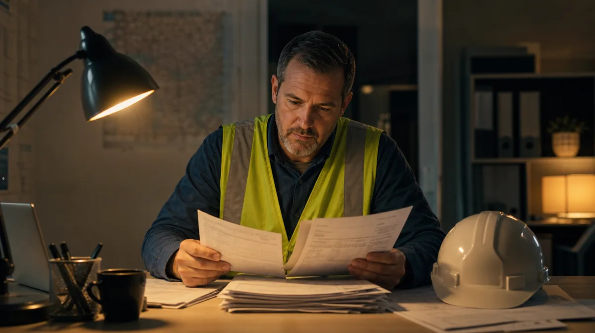 Civilian overseas contractor in work clothes at a desk reviewing claim paperwork and pay records under a desk lamp