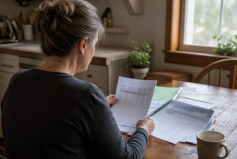 Surviving family member seated at a kitchen table reviewing official Defense Base Act paperwork and the worker's pay records in soft daylight