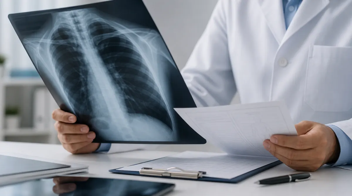 Doctor in a clinic reviewing a contractor's medical records and imaging during an independent medical examination for a Defense Base Act claim