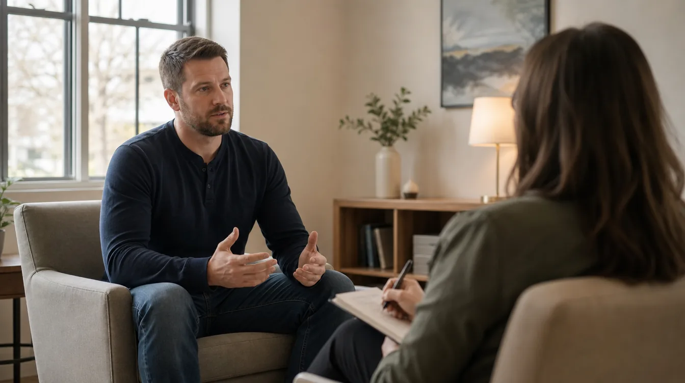 Civilian overseas contractor seated for a calm conversation with a mental-health clinician, shown with dignity and from a respectful distance
