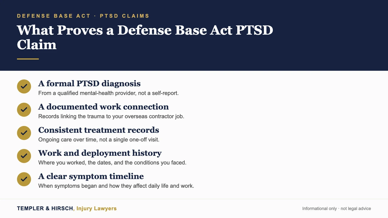 Labeled checklist diagram showing the evidence that proves a Defense Base Act PTSD claim: formal diagnosis, documented work link, consistent treatment records, work history, and symptom timeline