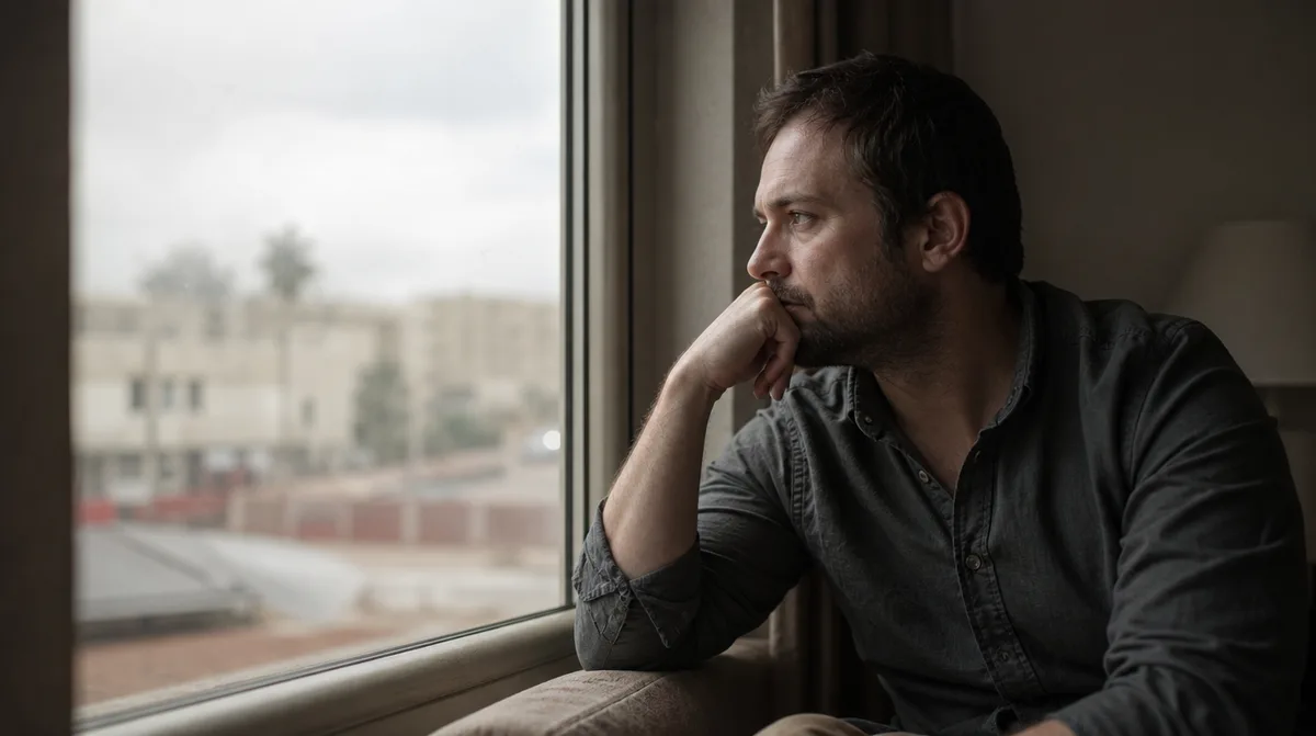 Overseas civilian contractor sitting alone in quiet reflection near a window, conveying the mental-health toll of overseas work