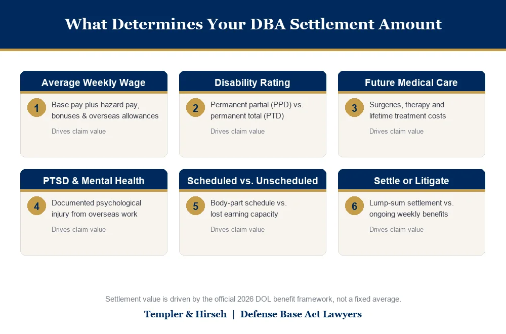 Diagram showing the six factors that determine a Defense Base Act settlement amount in 2026: average weekly wage, disability rating, future medical care, PTSD and mental health, scheduled vs. unscheduled loss, and settle vs. litigate