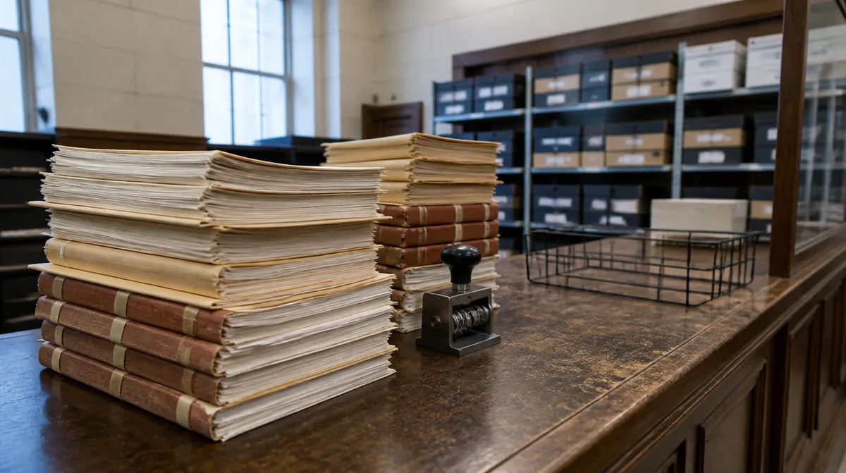 Stacks of paper case files and records on a courthouse records counter
