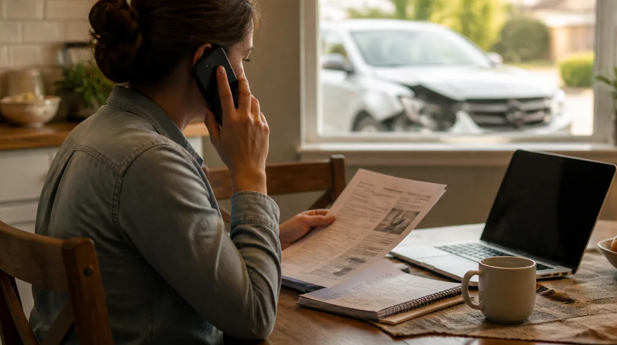 Person seated at a kitchen table after a car accident, on the phone with their auto insurer while reviewing paperwork, a damaged car visible through the window