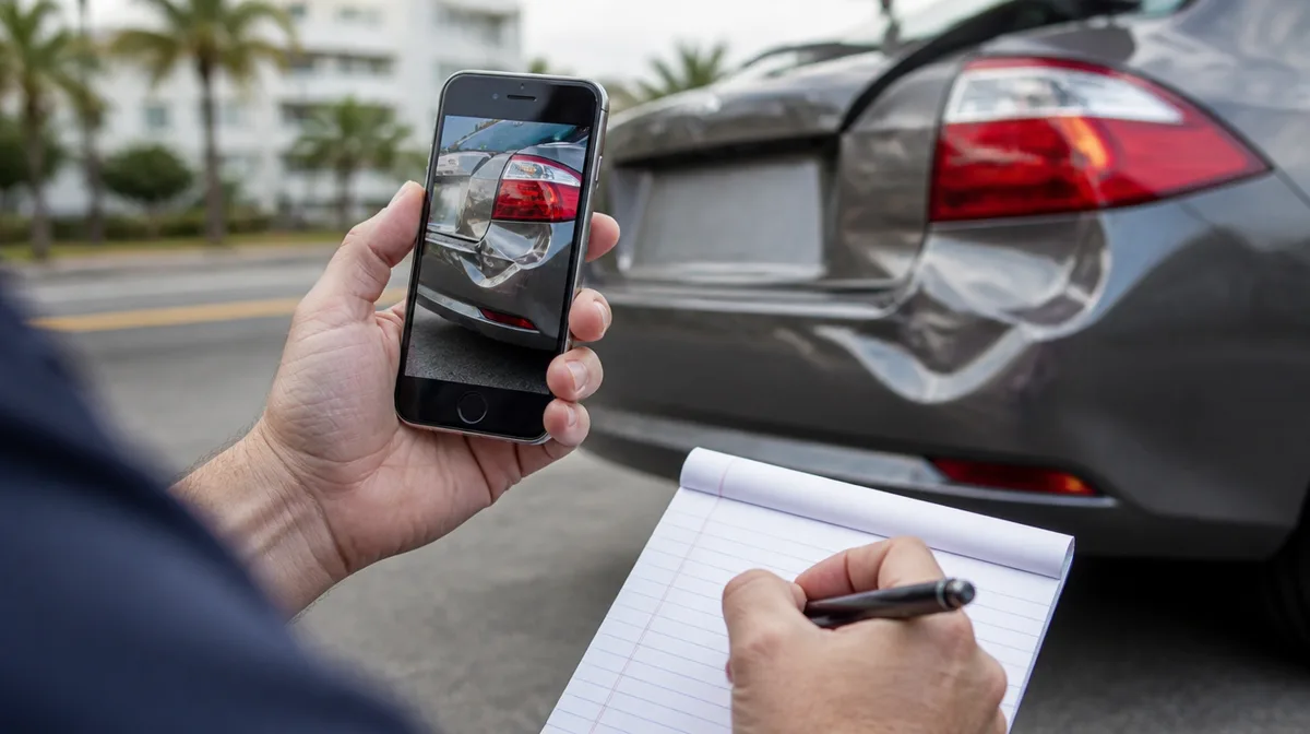 Person at a Florida roadside crash scene photographing the dented rear bumper of a car with a smartphone and writing notes on a pad